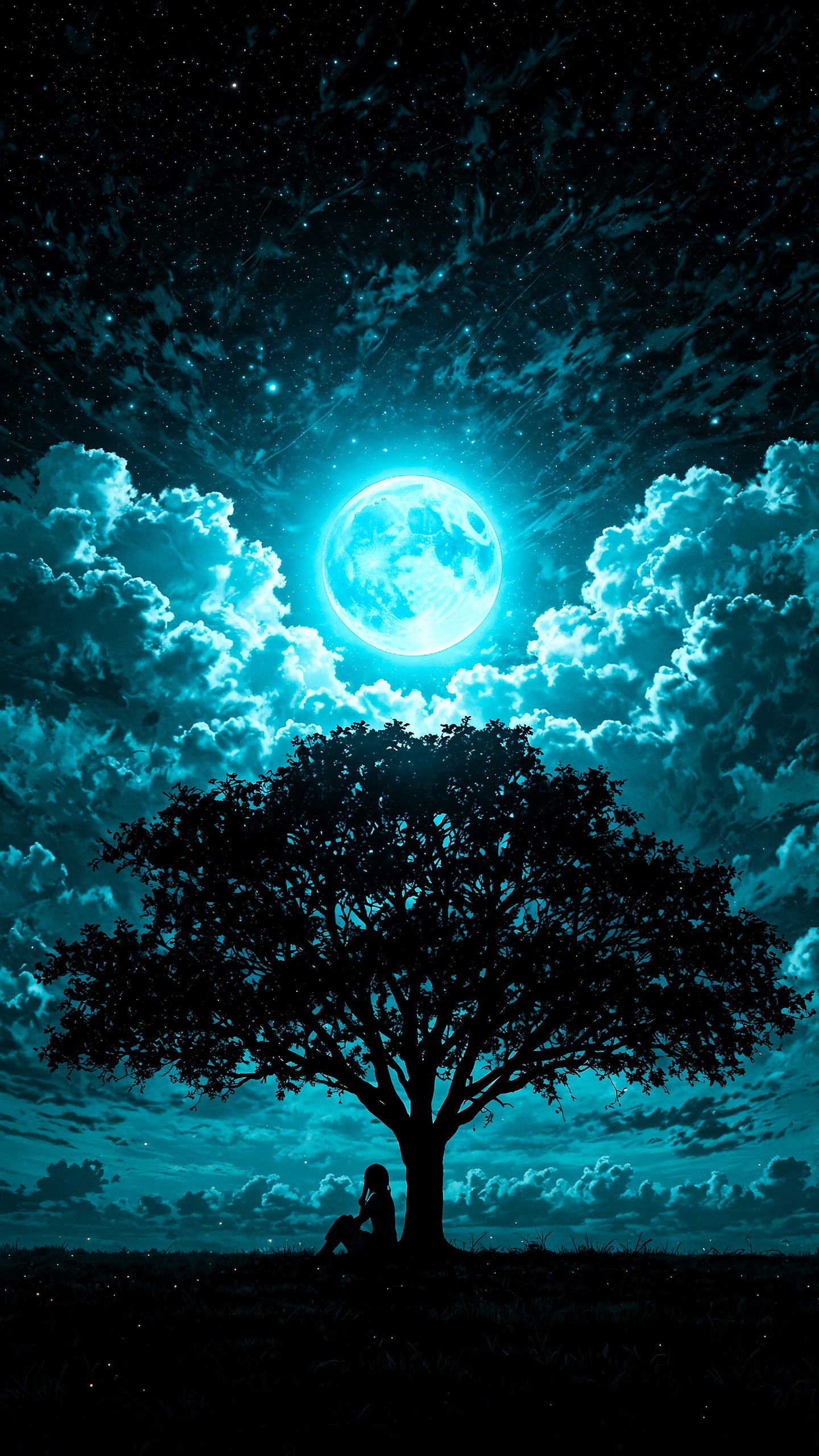 She sat beneath the whispering tree, letting the moonlight stitch stories into h
