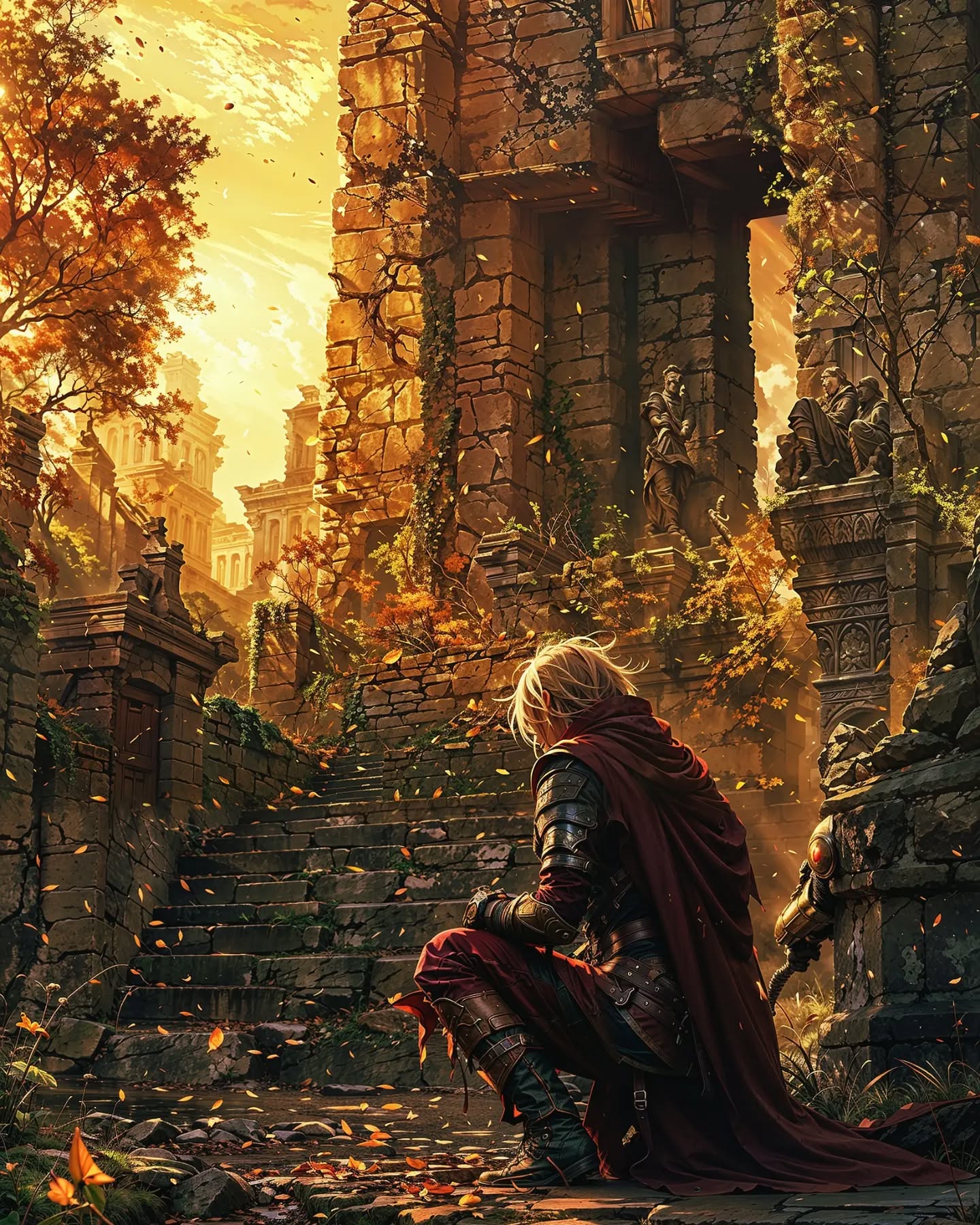 In the shadow of crumbling stone, a lone soul waits for the echoes of a forgotte