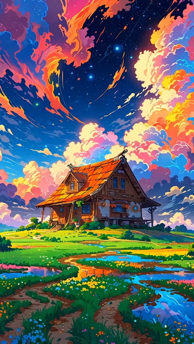 Lost in a vibrant world where the sky swirls with dreams and the earth blooms wi
