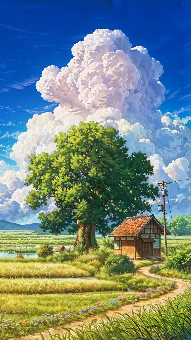 An afternoon glow over the peaceful village. The beauty of Nature